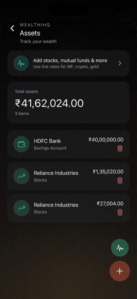 WealthiHQ mobile app — assets screen with accounts and totals